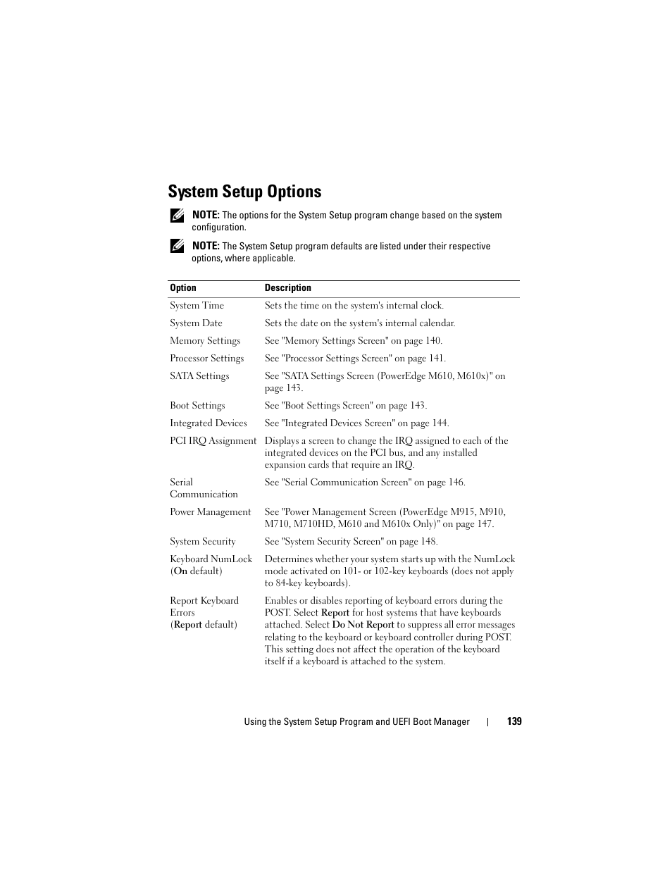 System setup options | Dell PowerEdge M910 User Manual | Page 139 / 368