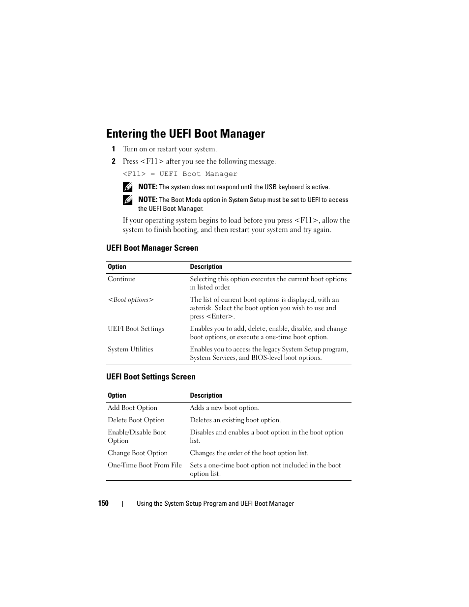 Entering the uefi boot manager, Uefi boot manager screen, Uefi boot settings screen | Dell PowerEdge M910 User Manual | Page 150 / 368