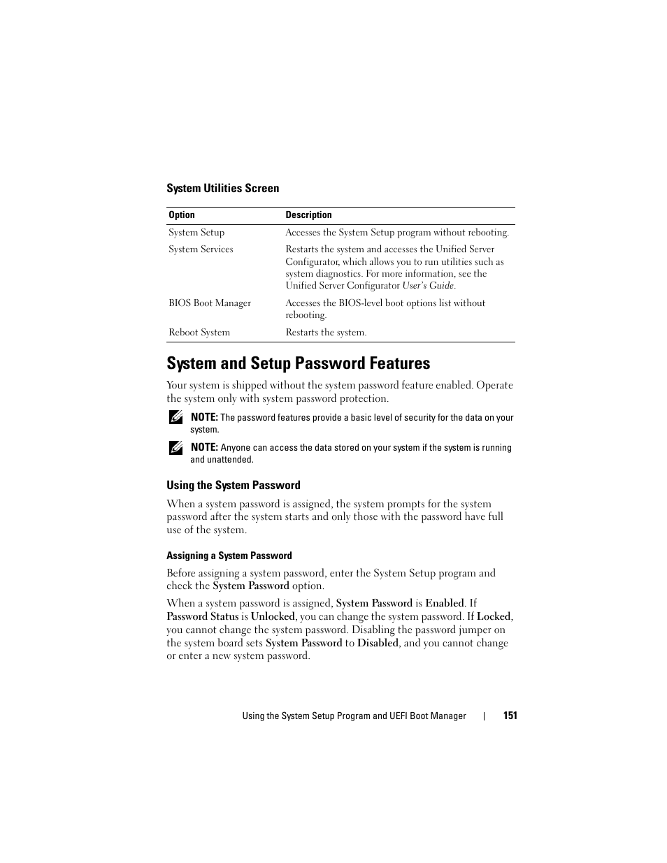 System utilities screen, System and setup password features, Using the system password | Assigning a system password, See "using the system | Dell PowerEdge M910 User Manual | Page 151 / 368