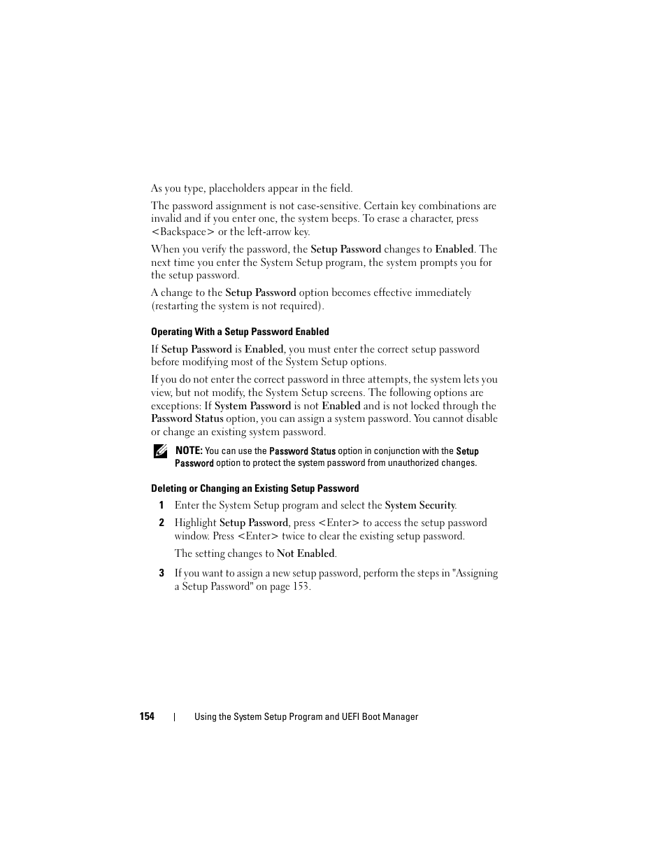 Operating with a setup password enabled, Deleting or changing an existing setup password | Dell PowerEdge M910 User Manual | Page 154 / 368