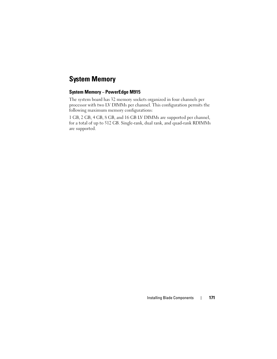 System memory, System memory - poweredge m915, System memory – poweredge m915 | System memory" on, System, See "system, E "system memory" on, Matched pairs. see "system, System. see "system, Modules. see "system | Dell PowerEdge M910 User Manual | Page 171 / 368