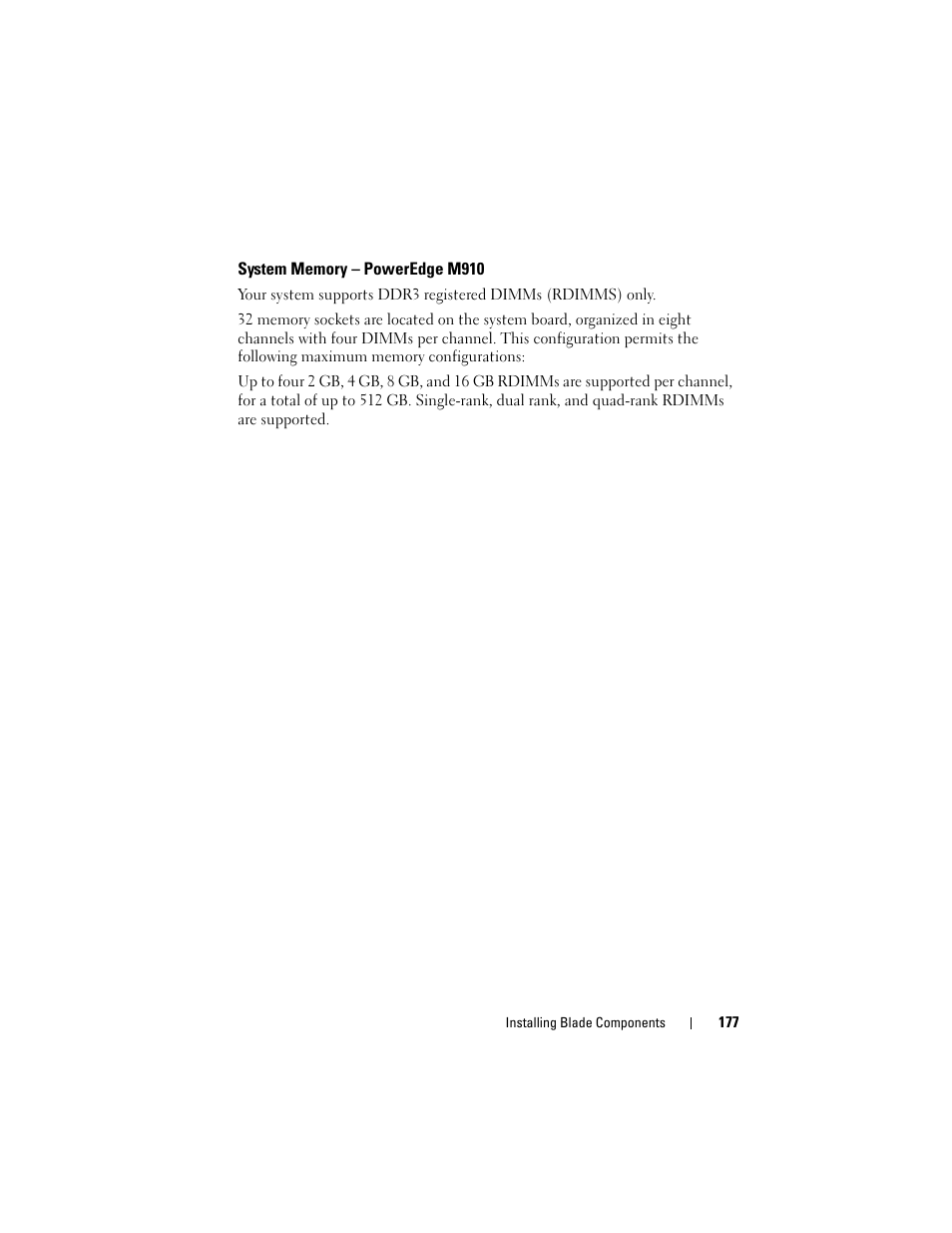 System memory - poweredge m910, System memory – poweredge m910 | Dell PowerEdge M910 User Manual | Page 177 / 368