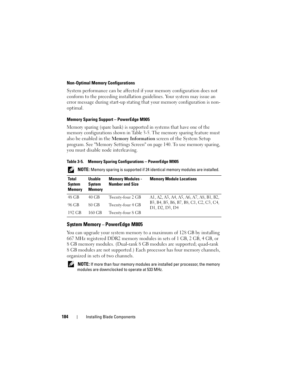 Non-optimal memory configurations, Memory sparing support - poweredge m905, System memory - poweredge m805 | System memory – poweredge m805 | Dell PowerEdge M910 User Manual | Page 184 / 368