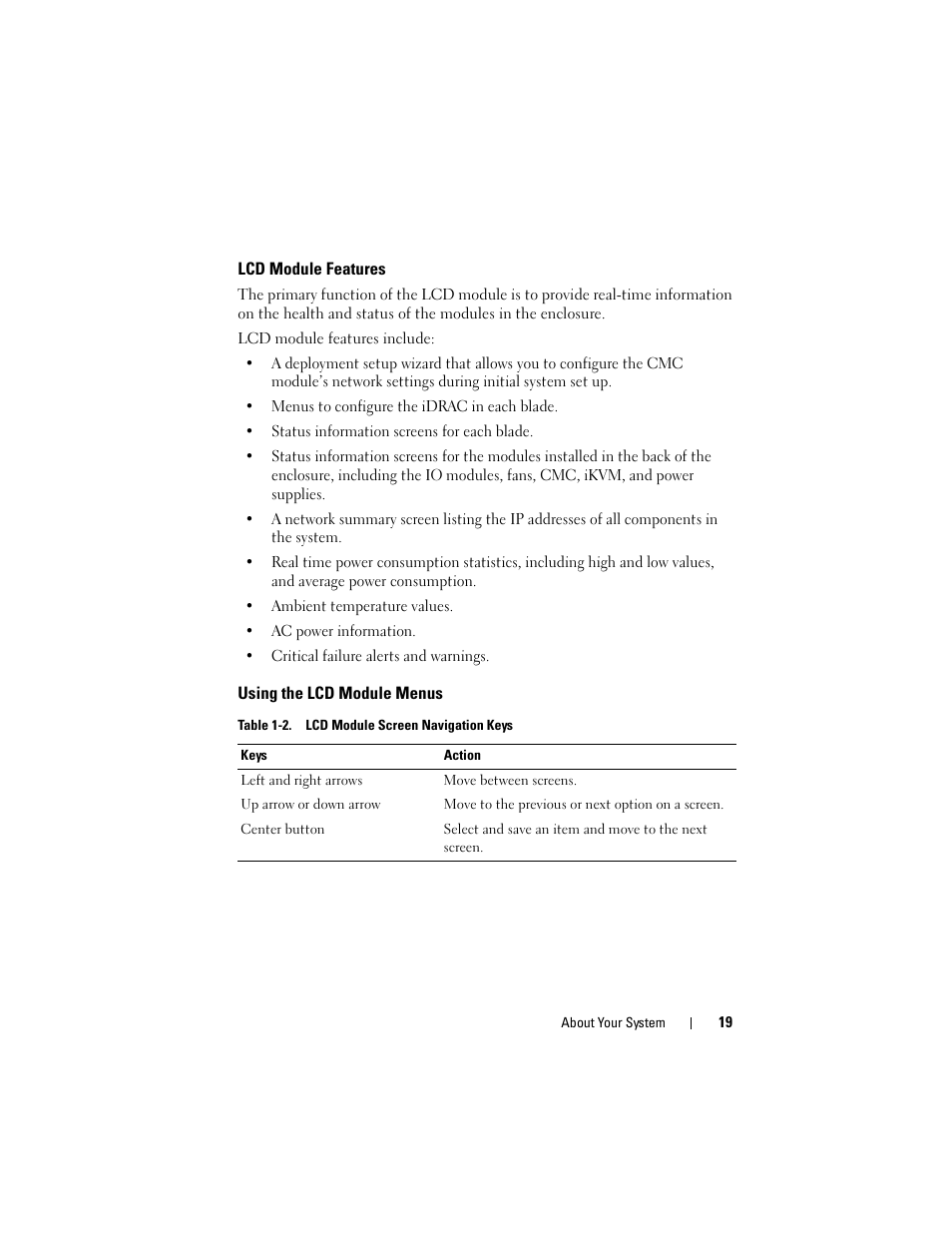 Lcd module features, Using the lcd module menus | Dell PowerEdge M910 User Manual | Page 19 / 368