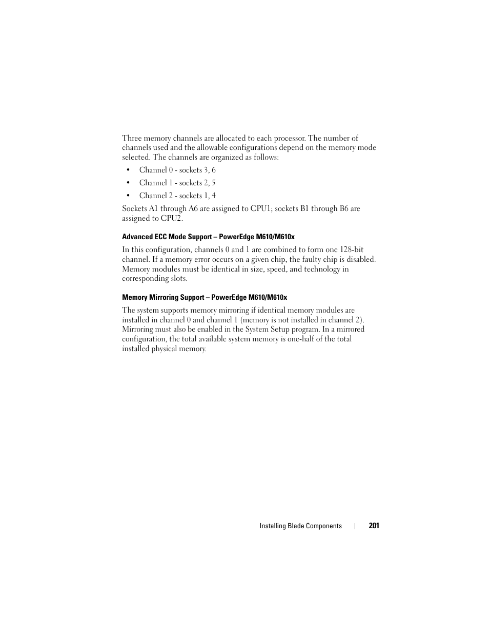 Advanced ecc mode support - poweredge m610/m610x, Memory mirroring support - poweredge m610/m610x | Dell PowerEdge M910 User Manual | Page 201 / 368