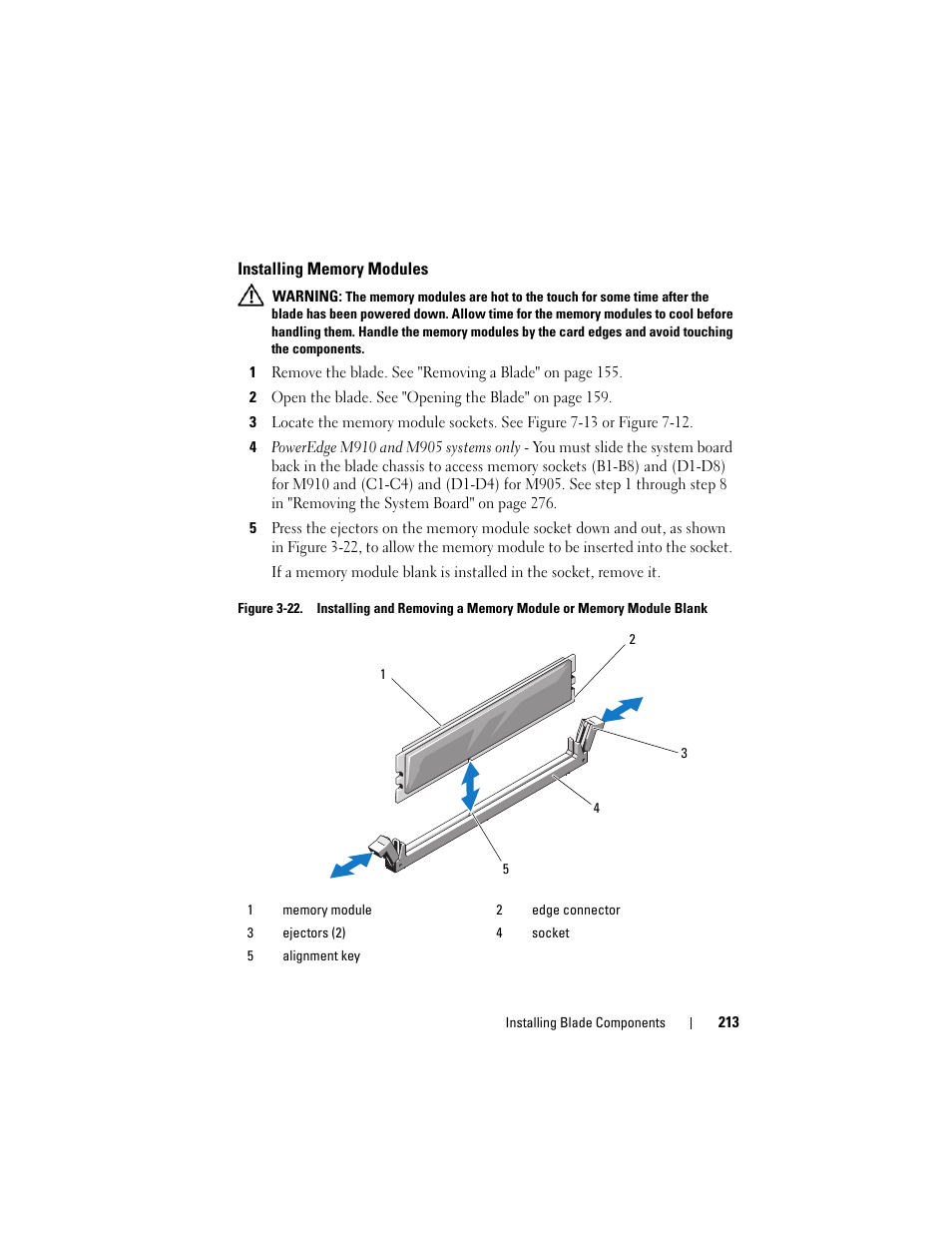 Installing memory modules | Dell PowerEdge M910 User Manual | Page 213 / 368