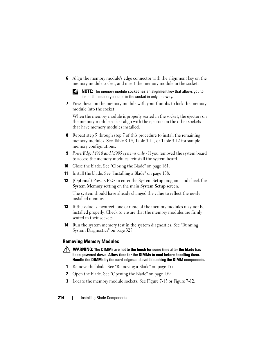 Removing memory modules | Dell PowerEdge M910 User Manual | Page 214 / 368