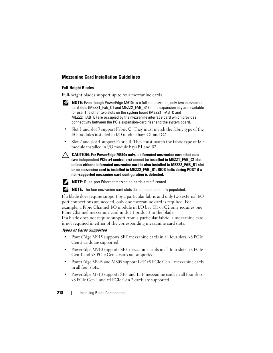 Mezzanine card installation guidelines, Full-height blades | Dell PowerEdge M910 User Manual | Page 218 / 368