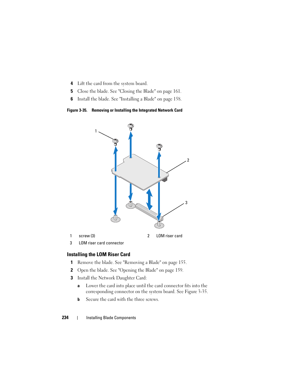 Installing the lom riser card, D. see figure 3-35 | Dell PowerEdge M910 User Manual | Page 234 / 368