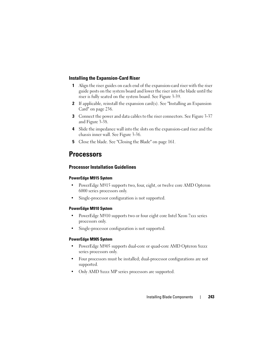 Installing the expansion-card riser, Processors, Processor installation guidelines | Poweredge m915 system, Poweredge m910 system, Poweredge m905 system, E "processors" on | Dell PowerEdge M910 User Manual | Page 243 / 368