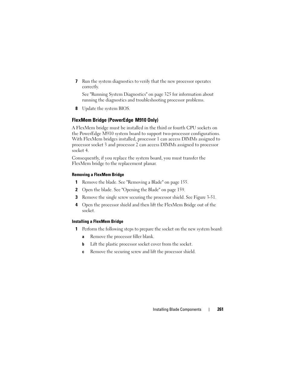 Flexmem bridge (poweredge m910 only), Removing a flexmem bridge, Installing a flexmem bridge | Dell PowerEdge M910 User Manual | Page 261 / 368