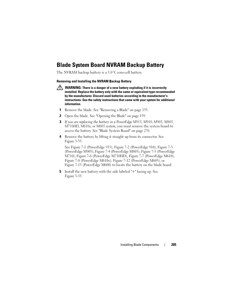 Blade system board nvram backup battery, Removing and installing the nvram backup battery | Dell PowerEdge M910 User Manual | Page 265 / 368