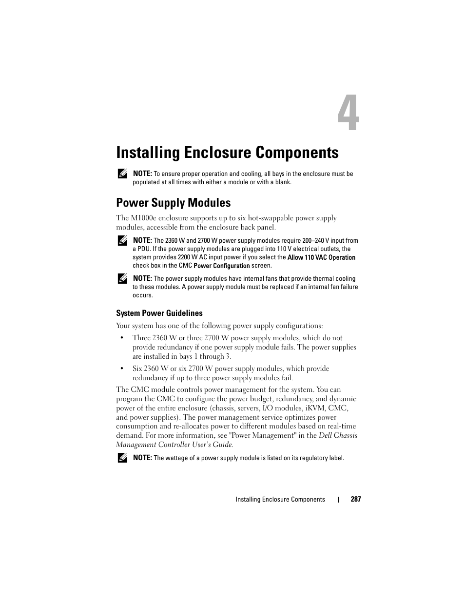 Installing enclosure components, Power supply modules, System power guidelines | Dell PowerEdge M910 User Manual | Page 287 / 368