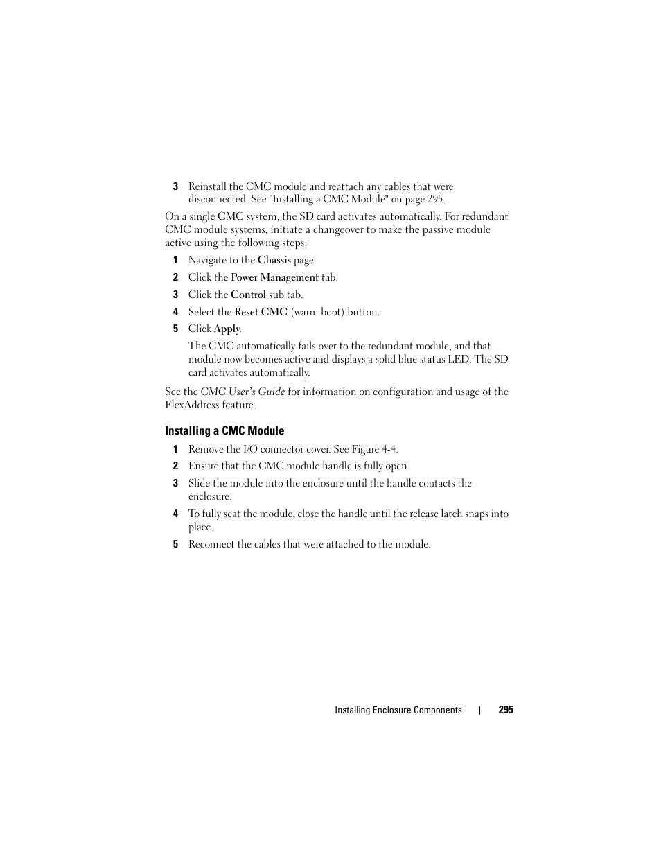 Installing a cmc module | Dell PowerEdge M910 User Manual | Page 295 / 368