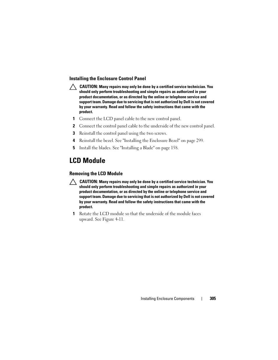 Installing the enclosure control panel, Lcd module, Removing the lcd module | Dell PowerEdge M910 User Manual | Page 305 / 368