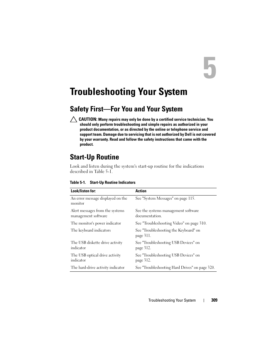 Troubleshooting your system, Safety first-for you and your system, Start-up routine | Safety first—for you and your system | Dell PowerEdge M910 User Manual | Page 309 / 368