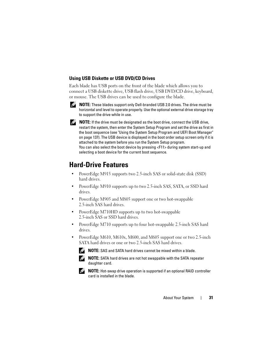 Using usb diskette or usb dvd/cd drives, Hard-drive features | Dell PowerEdge M910 User Manual | Page 31 / 368