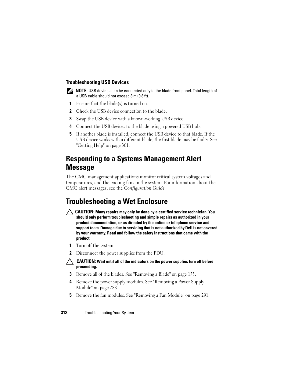 Troubleshooting usb devices, Responding to a systems management alert message, Troubleshooting a wet enclosure | Troubleshooting usb, Troubleshooting usb devices" on | Dell PowerEdge M910 User Manual | Page 312 / 368