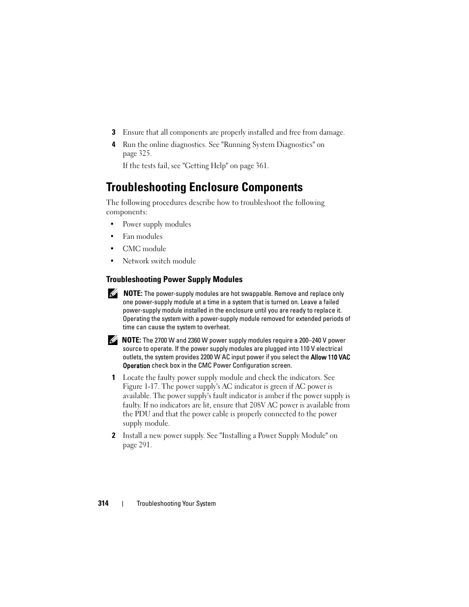 Troubleshooting enclosure components, Troubleshooting power supply modules, See "troubleshooting | Power supply modules, Troubleshooting power, Supply modules" on | Dell PowerEdge M910 User Manual | Page 314 / 368