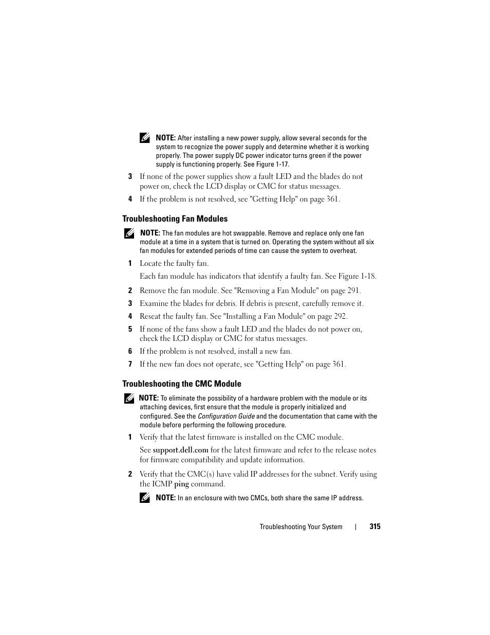 Troubleshooting fan modules, Troubleshooting the cmc module, See "troubleshooting fan | Troubleshooting fan, And "troubleshooting fan | Dell PowerEdge M910 User Manual | Page 315 / 368