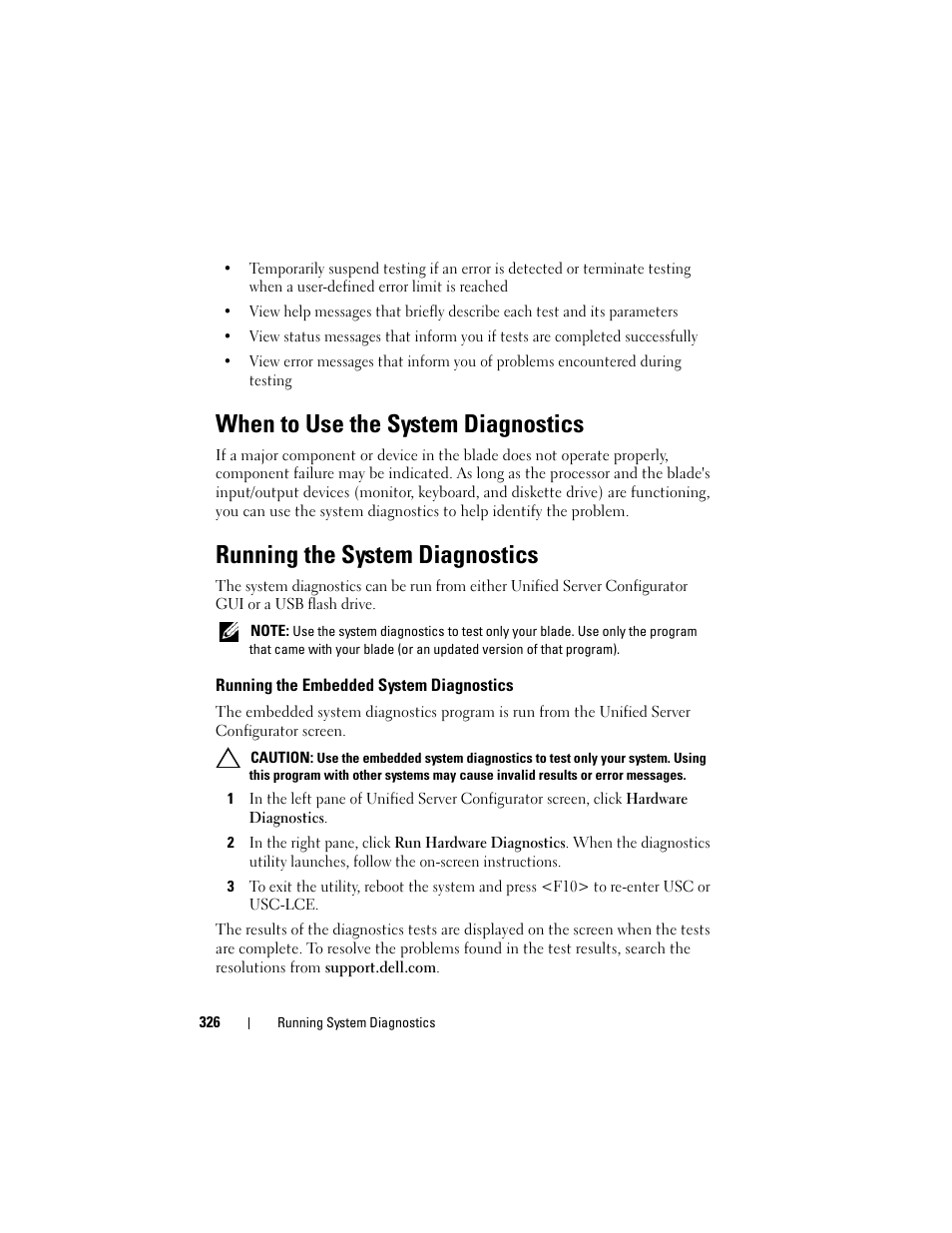 When to use the system diagnostics, Running the system diagnostics, Running the embedded system diagnostics | Running the system | Dell PowerEdge M910 User Manual | Page 326 / 368