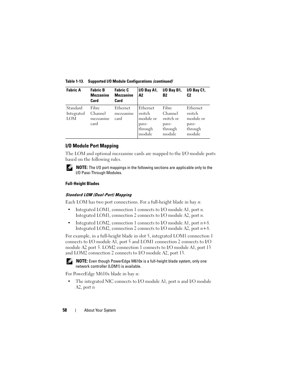 I/o module port mapping, Full-height blades, Standard lom (dual-port) mapping | Dell PowerEdge M910 User Manual | Page 58 / 368