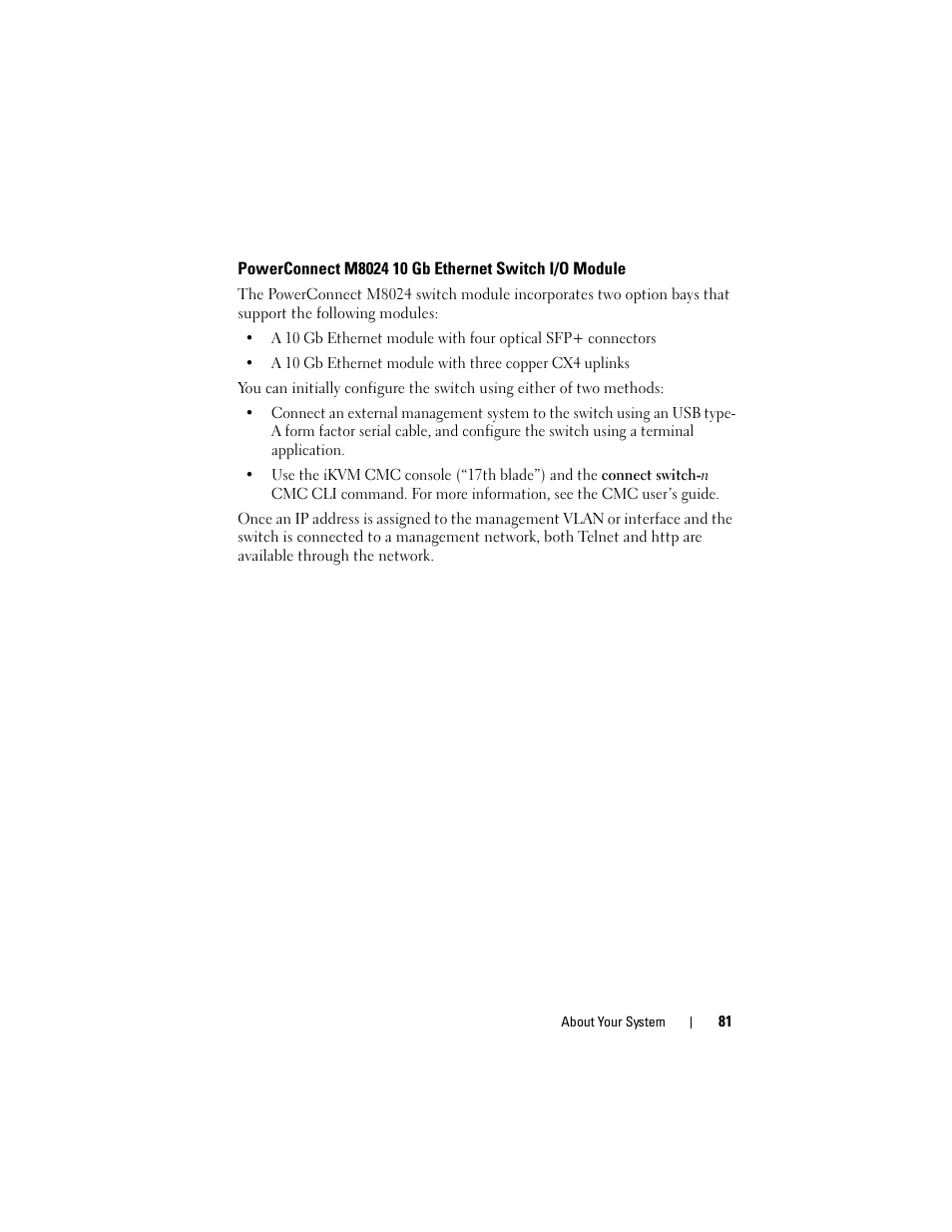 Powerconnect m8024 10 gb ethernet, Switch i/o module | Dell PowerEdge M910 User Manual | Page 81 / 368