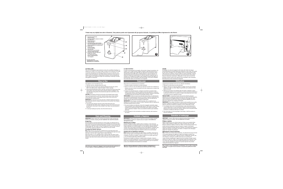 Como usar cuidado y limpieza, Utilisation entretien et nettoyage, How to use care and cleaning | Crumb tray, Cleaning the outside surfaces, Bandeja para residuos, Limpieza de las superficies exteriores, Plateau à miettes, Nettoyage de la paroi extérieure | Black & Decker T-20 Series User Manual | Page 2 / 2