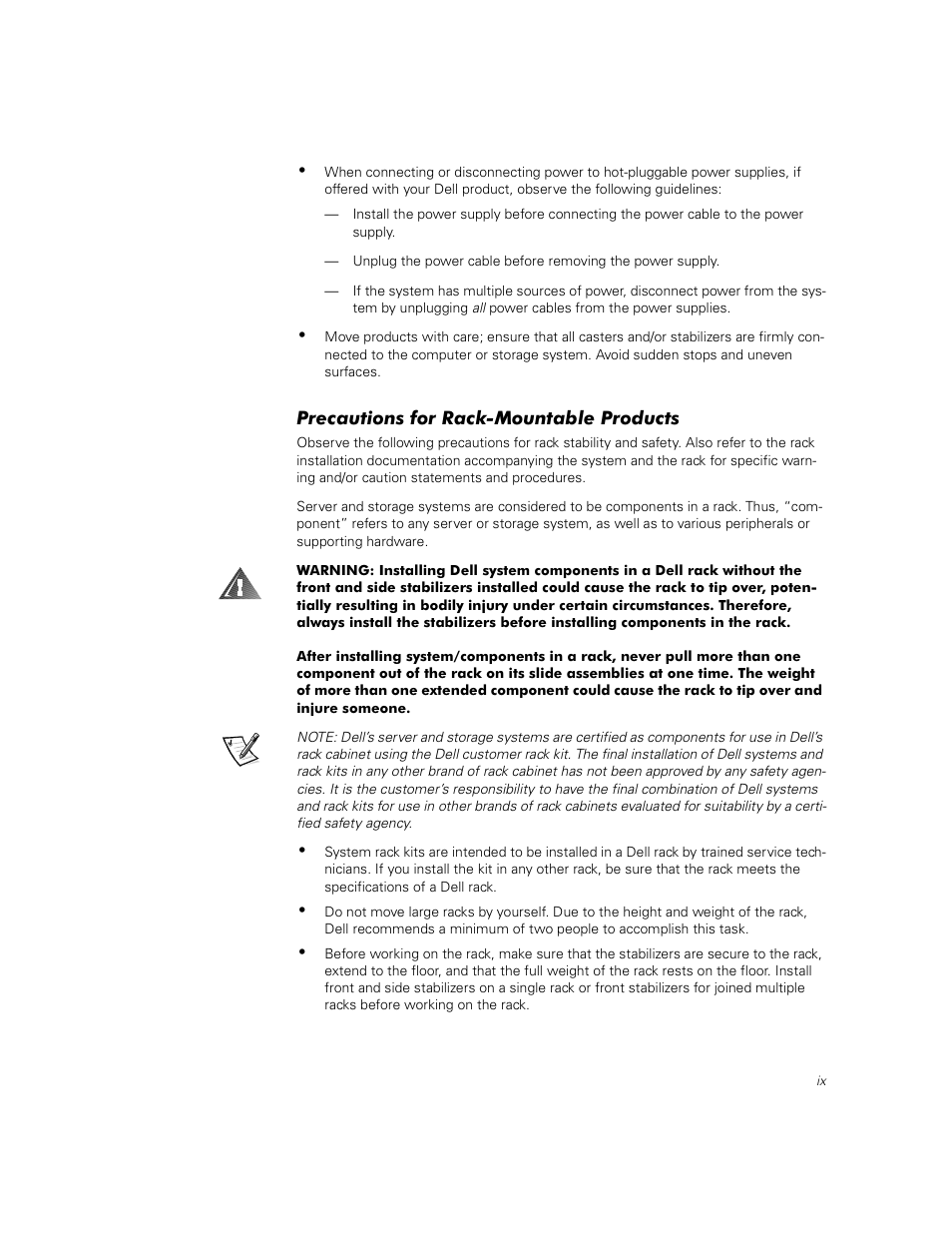 Precautions for rack-mountable products | Dell PowerVault 50F (Fibre Channel Switch) User Manual | Page 10 / 49