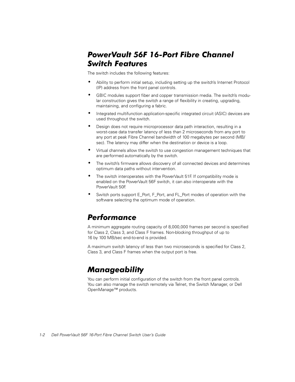 Performance, Manageability, 3huirupdqfh | 0dqdjhdelolw | Dell PowerVault 50F (Fibre Channel Switch) User Manual | Page 19 / 49