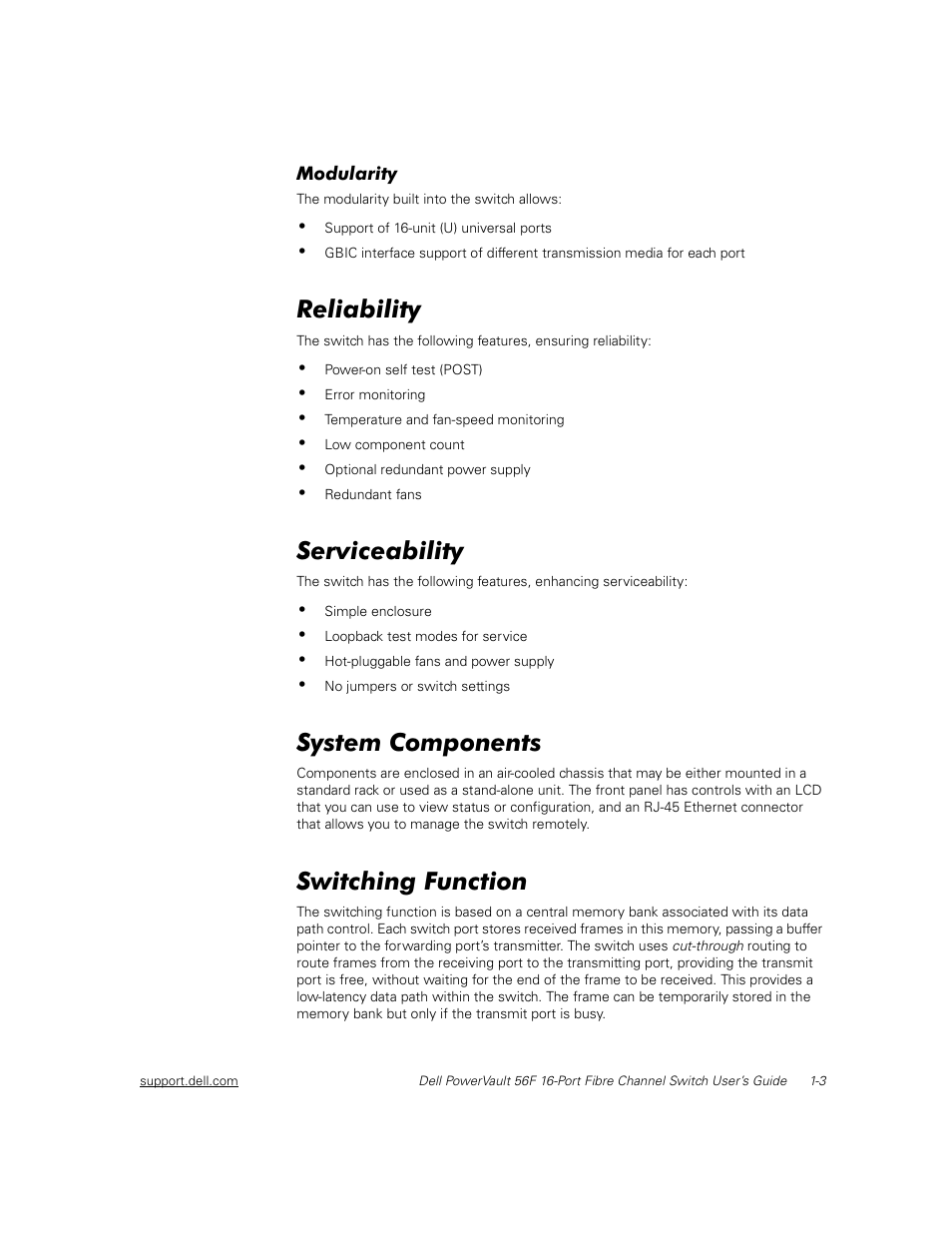 Modularity, Reliability, Serviceability | System components, Switching function, 5holdelolw, 6huylfhdelolw, 6\vwhp &rpsrqhqwv, 6zlwfklqj )xqfwlrq | Dell PowerVault 50F (Fibre Channel Switch) User Manual | Page 20 / 49