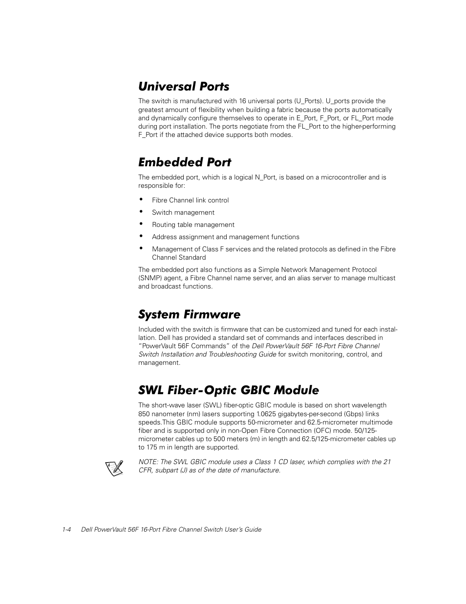 Universal ports, Embedded port, System firmware | Swl fiber-optic gbic module, 8qlyhuvdo 3ruwv, Pehgghg 3ruw, 6\vwhp )lupzduh, / )lehu2swlf *%,& 0rgxoh | Dell PowerVault 50F (Fibre Channel Switch) User Manual | Page 21 / 49