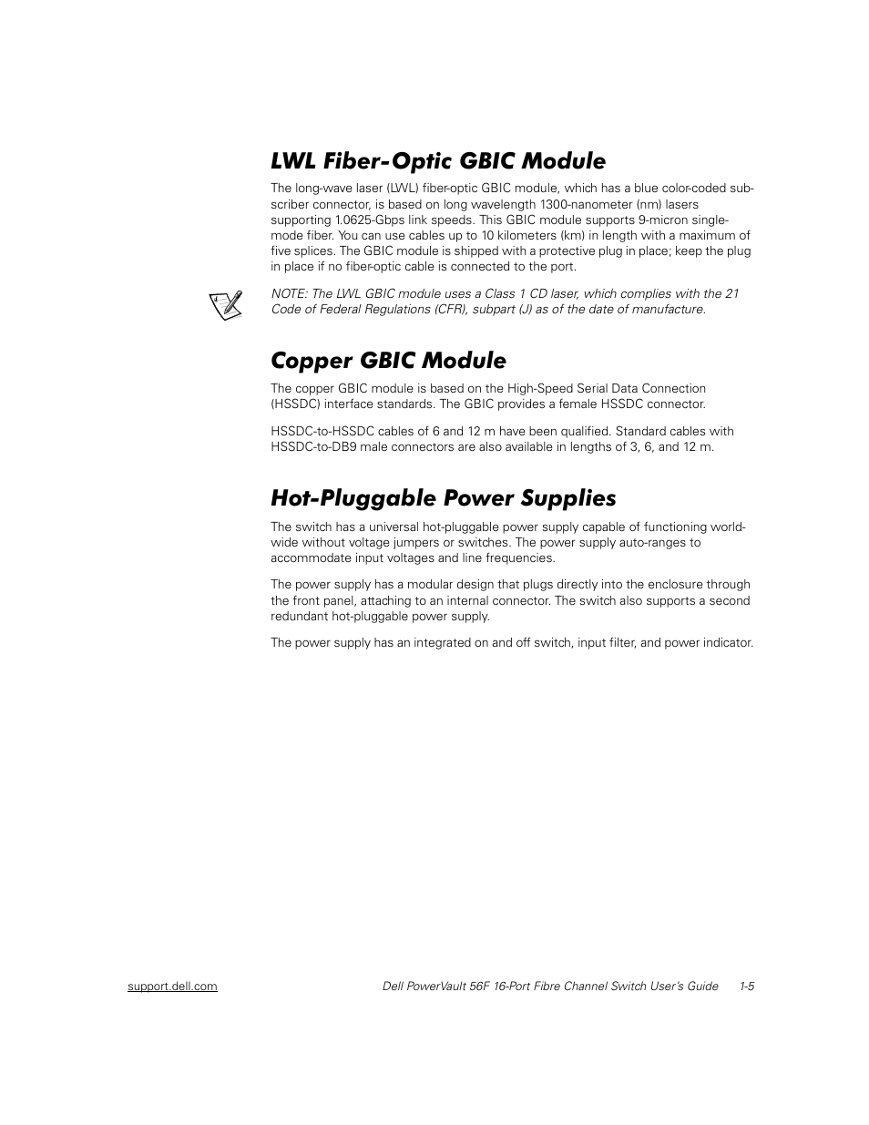 Lwl fiber-optic gbic module, Copper gbic module, Hot-pluggable power supplies | Lehu2swlf *%,& 0rgxoh, Rsshu *%,& 0rgxoh, Rw3oxjjdeoh 3rzhu 6xssolhv | Dell PowerVault 50F (Fibre Channel Switch) User Manual | Page 22 / 49