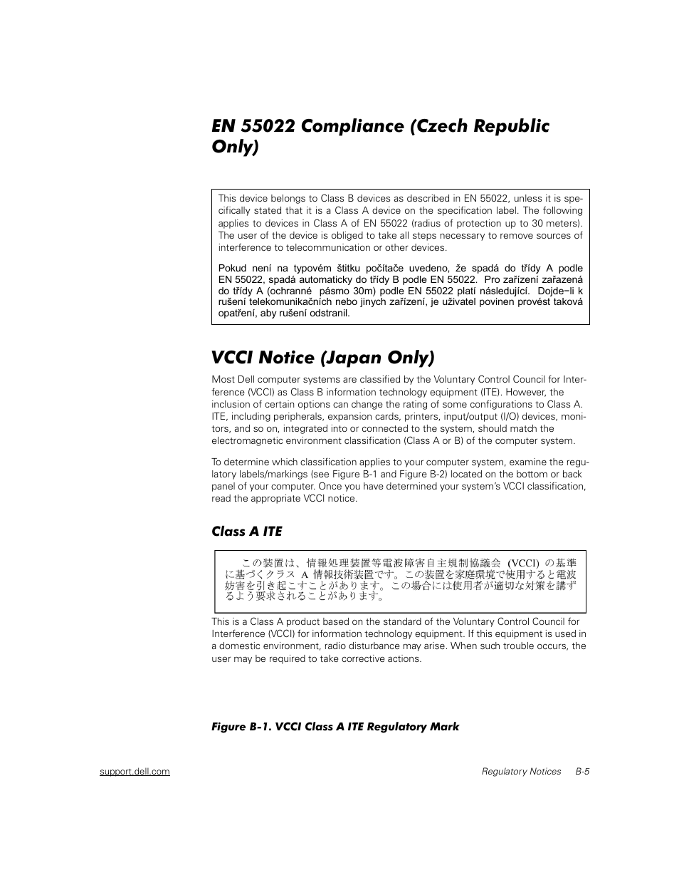 En 55022 compliance (czech republic only), Vcci notice (japan only), Class a ite | Vcci-a | Dell PowerVault 50F (Fibre Channel Switch) User Manual | Page 32 / 49