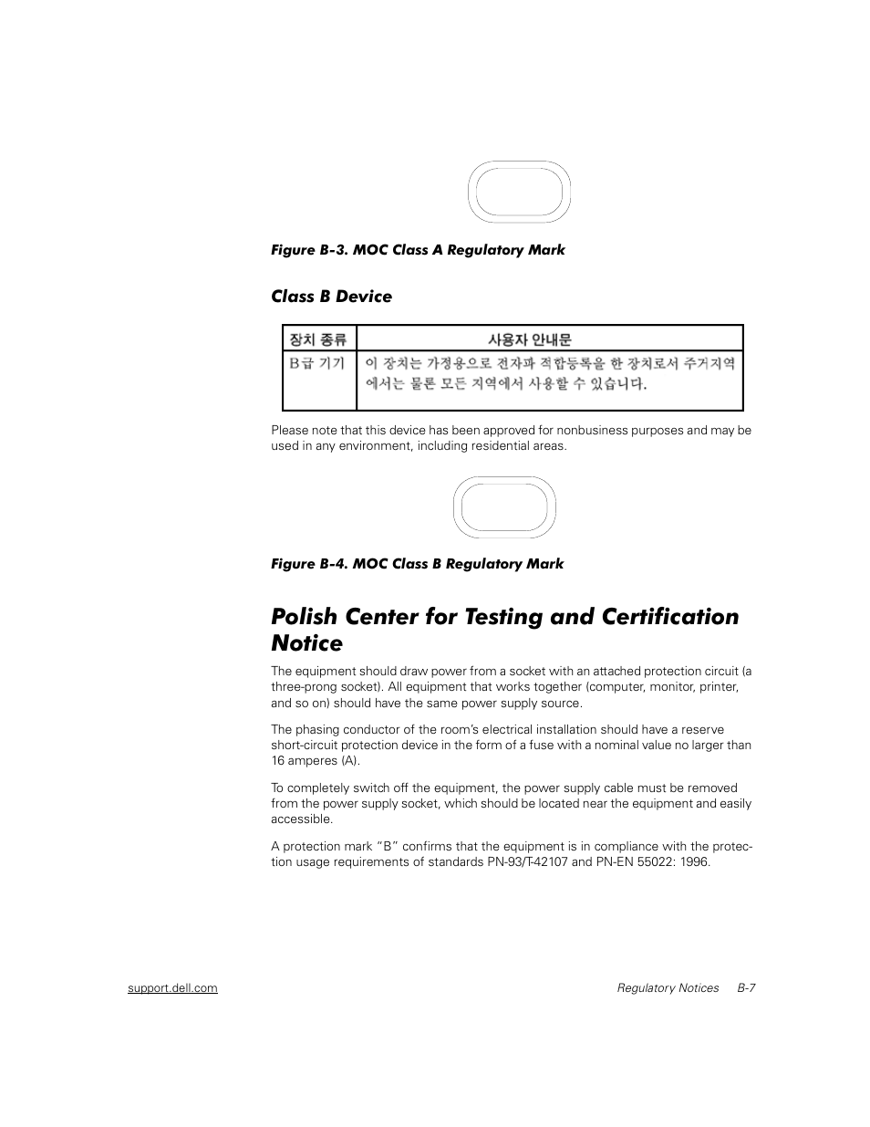 Class b device, Polish center for testing and certification notice, 3rolvk &hqwhu iru 7hvwlqj dqg &huwlilfdwlrq 1rwlfh | Dell PowerVault 50F (Fibre Channel Switch) User Manual | Page 34 / 49