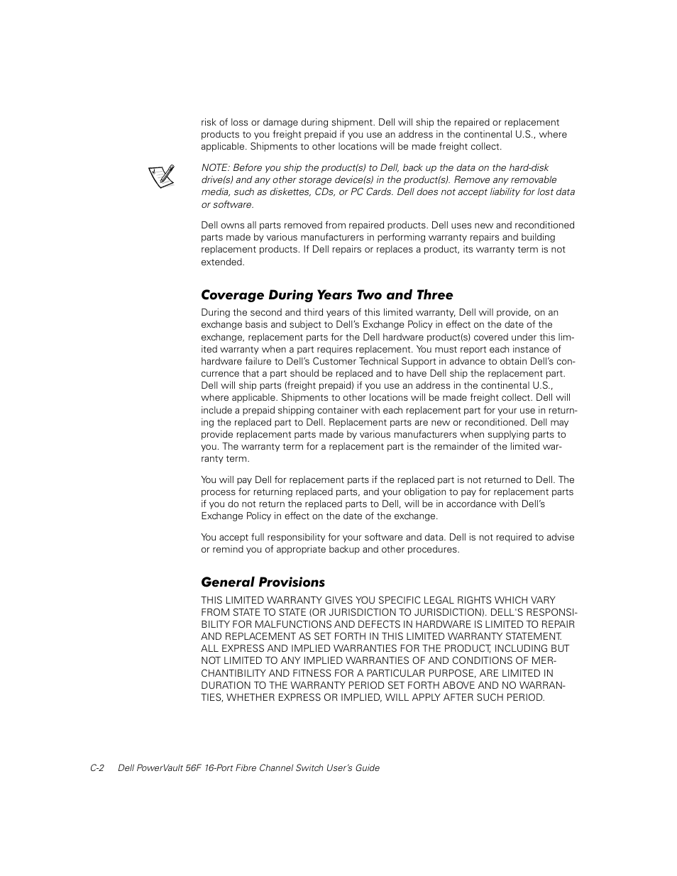 Coverage during years two and three, General provisions, Ryhudjh 'xulqj <hduv 7zr dqg 7kuhh | Hqhudo 3urylvlrqv | Dell PowerVault 50F (Fibre Channel Switch) User Manual | Page 39 / 49