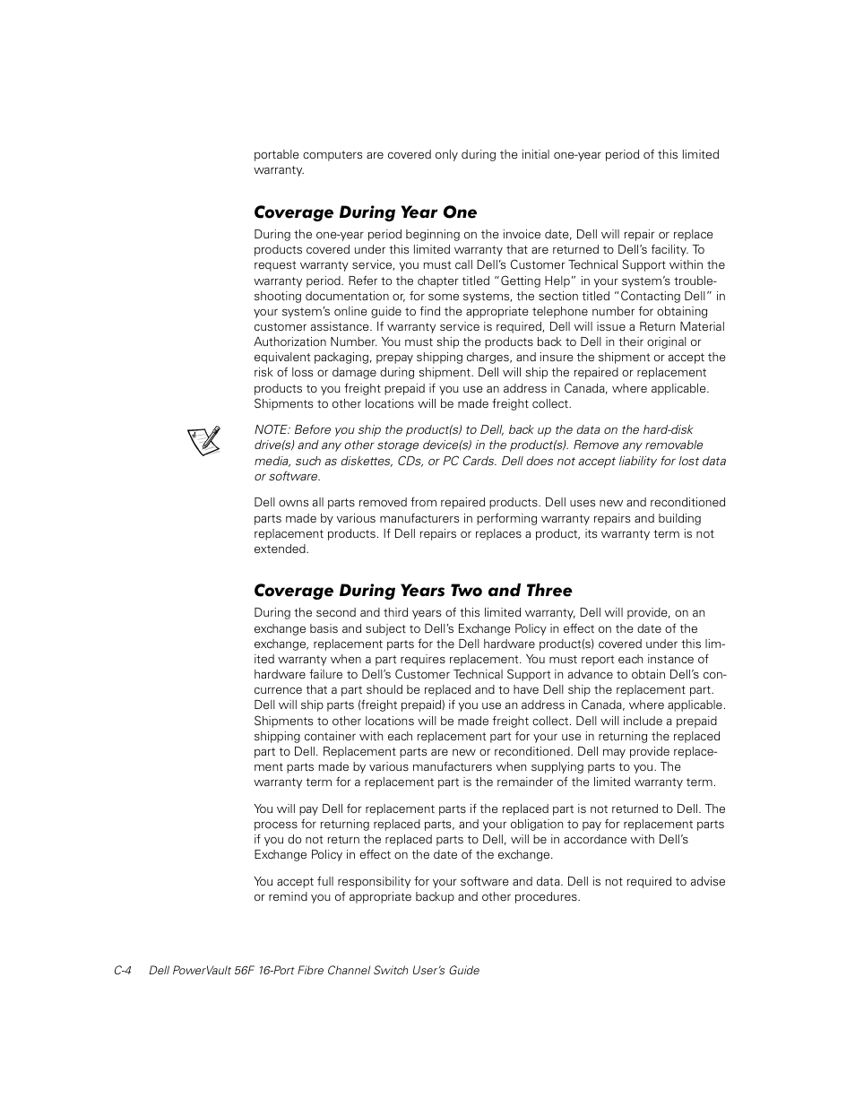 Coverage during year one, Coverage during years two and three, Ryhudjh 'xulqj <hdu 2qh | Ryhudjh 'xulqj <hduv 7zr dqg 7kuhh | Dell PowerVault 50F (Fibre Channel Switch) User Manual | Page 41 / 49