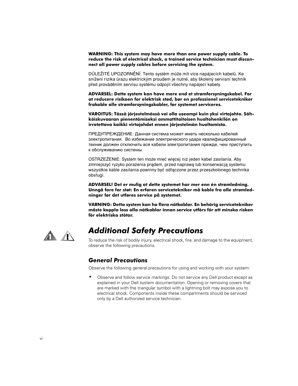 Additional safety precautions, General precautions, Gglwlrqdo 6dihw\ 3uhfdxwlrqv | Hqhudo 3uhfdxwlrqv | Dell PowerVault 50F (Fibre Channel Switch) User Manual | Page 7 / 49