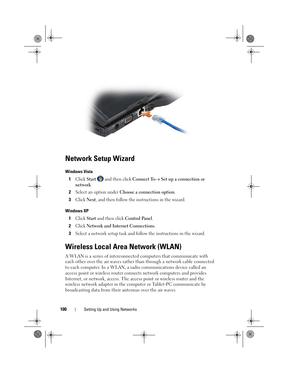 Network setup wizard, Wireless local area network (wlan) | Dell Latitude XT (Late 2007) User Manual | Page 100 / 248