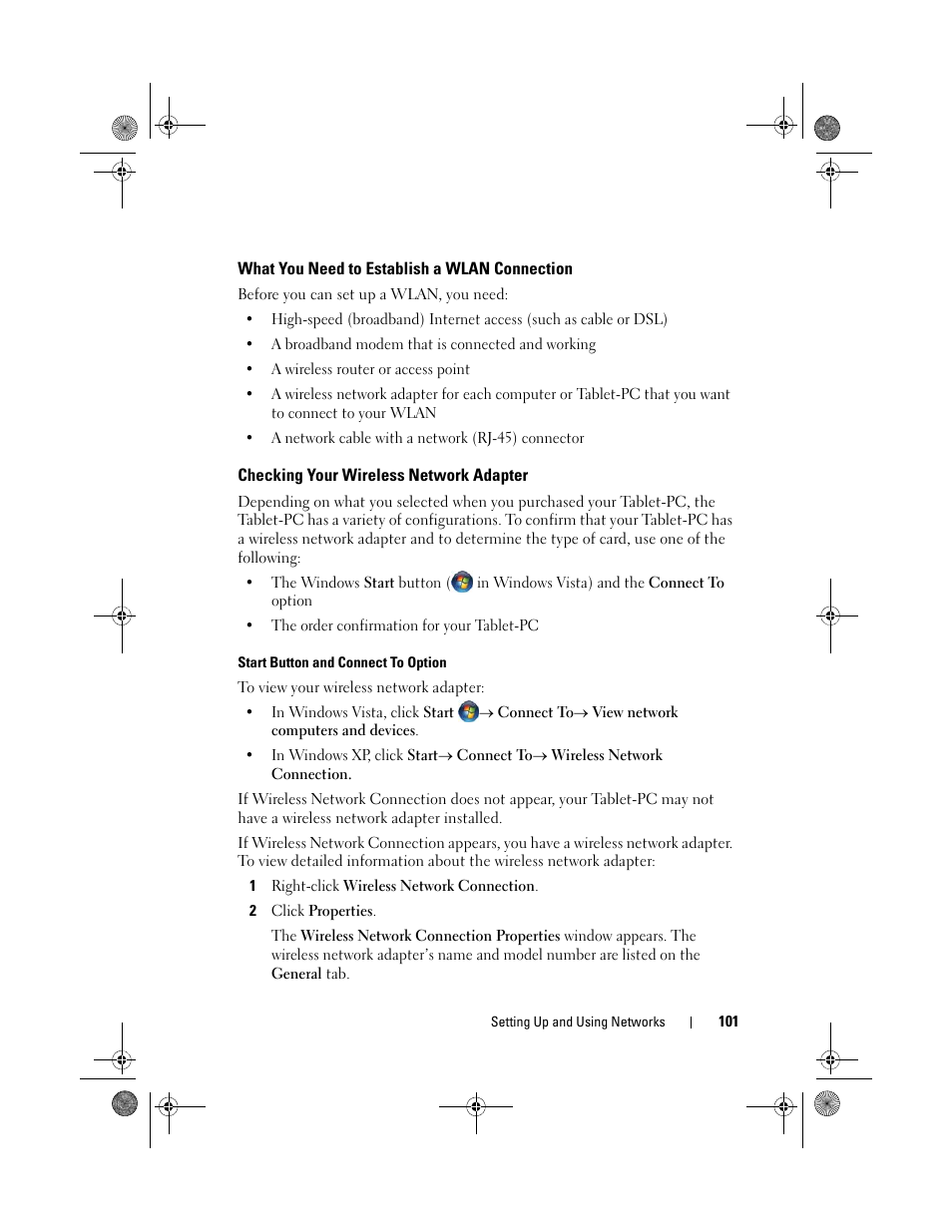 What you need to establish a wlan connection, Checking your wireless network adapter | Dell Latitude XT (Late 2007) User Manual | Page 101 / 248