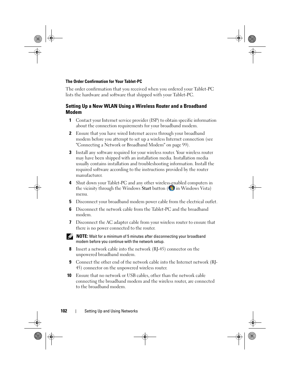 Setting up a new wlan using a, Wireless router and a broadband modem | Dell Latitude XT (Late 2007) User Manual | Page 102 / 248