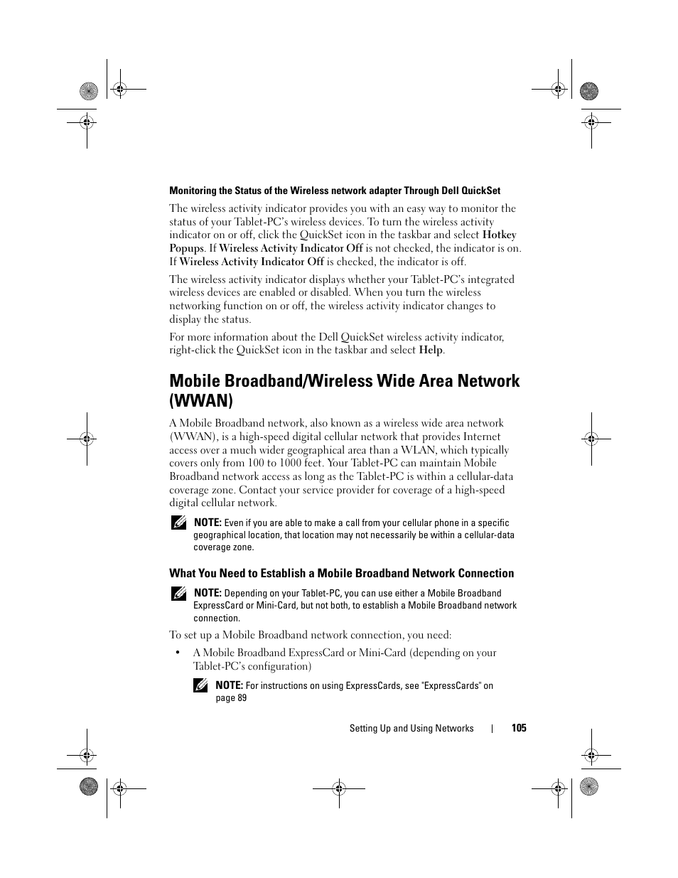 Mobile broadband/wireless wide area network (wwan), What you need to establish a, Mobile broadband network connection | Dell Latitude XT (Late 2007) User Manual | Page 105 / 248