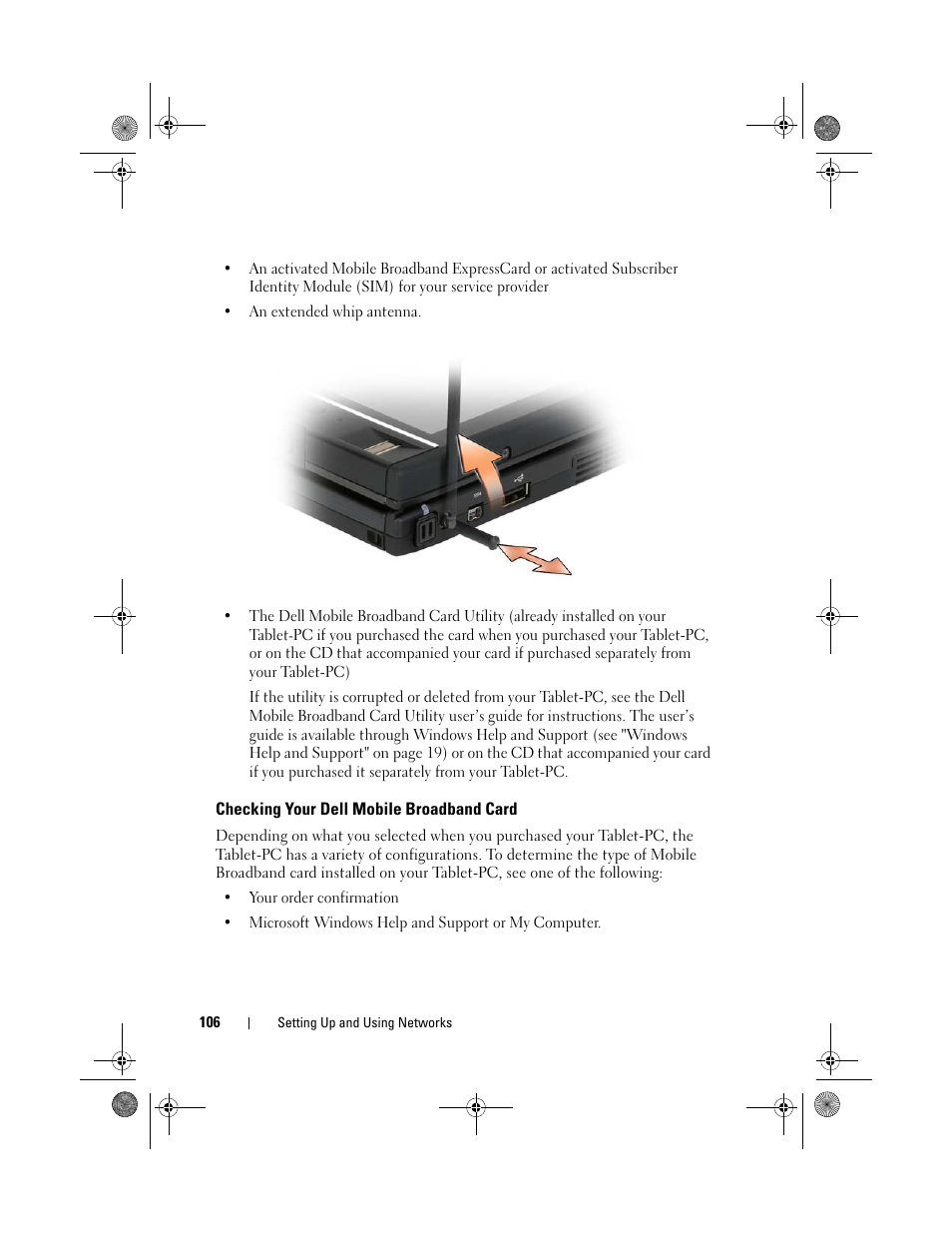 Checking your dell mobile broadband card | Dell Latitude XT (Late 2007) User Manual | Page 106 / 248