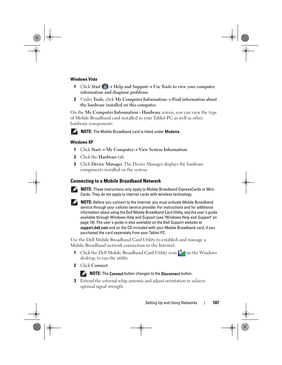 Connecting to a mobile broadband network | Dell Latitude XT (Late 2007) User Manual | Page 107 / 248