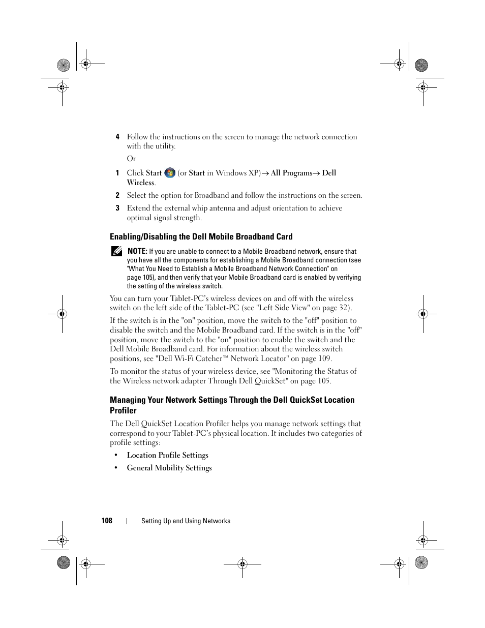 Enabling/disabling the dell mobile broadband card, Enabling/disabling the, Dell mobile broadband card | Managing your network settings, Through the dell quickset location profiler | Dell Latitude XT (Late 2007) User Manual | Page 108 / 248