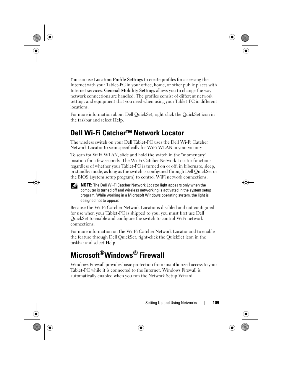 Dell wi-fi catcher™ network locator, Microsoft®windows® firewall, Microsoft | See "dell wi-fi, Windows, Firewall | Dell Latitude XT (Late 2007) User Manual | Page 109 / 248