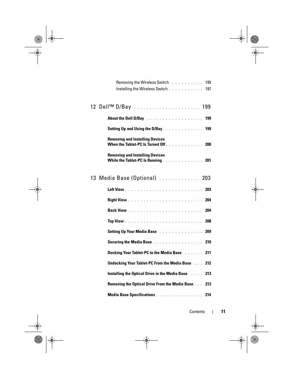 12 dell™ d/bay, 13 media base (optional) | Dell Latitude XT (Late 2007) User Manual | Page 11 / 248