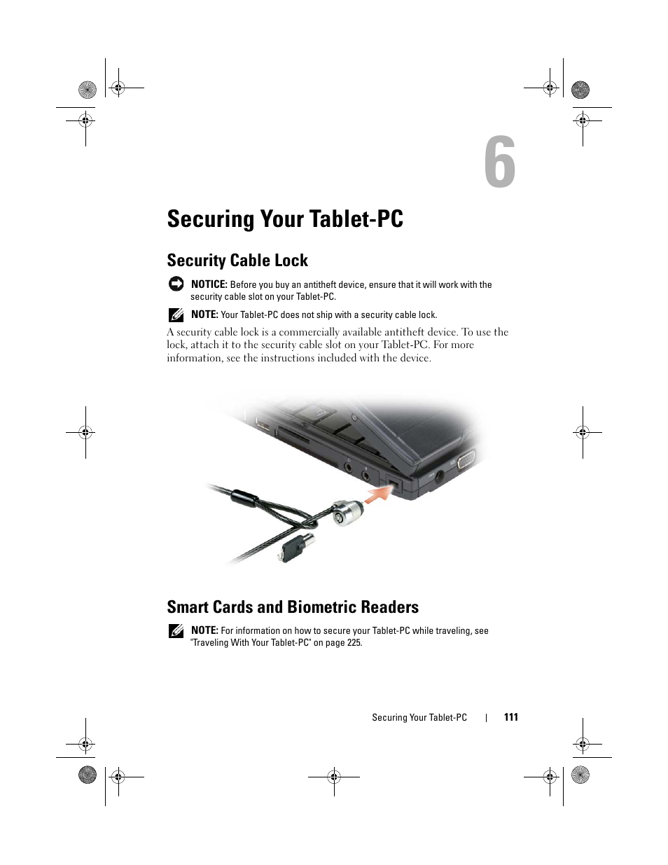 Securing your tablet-pc, Security cable lock, Smart cards and biometric readers | Dell Latitude XT (Late 2007) User Manual | Page 111 / 248