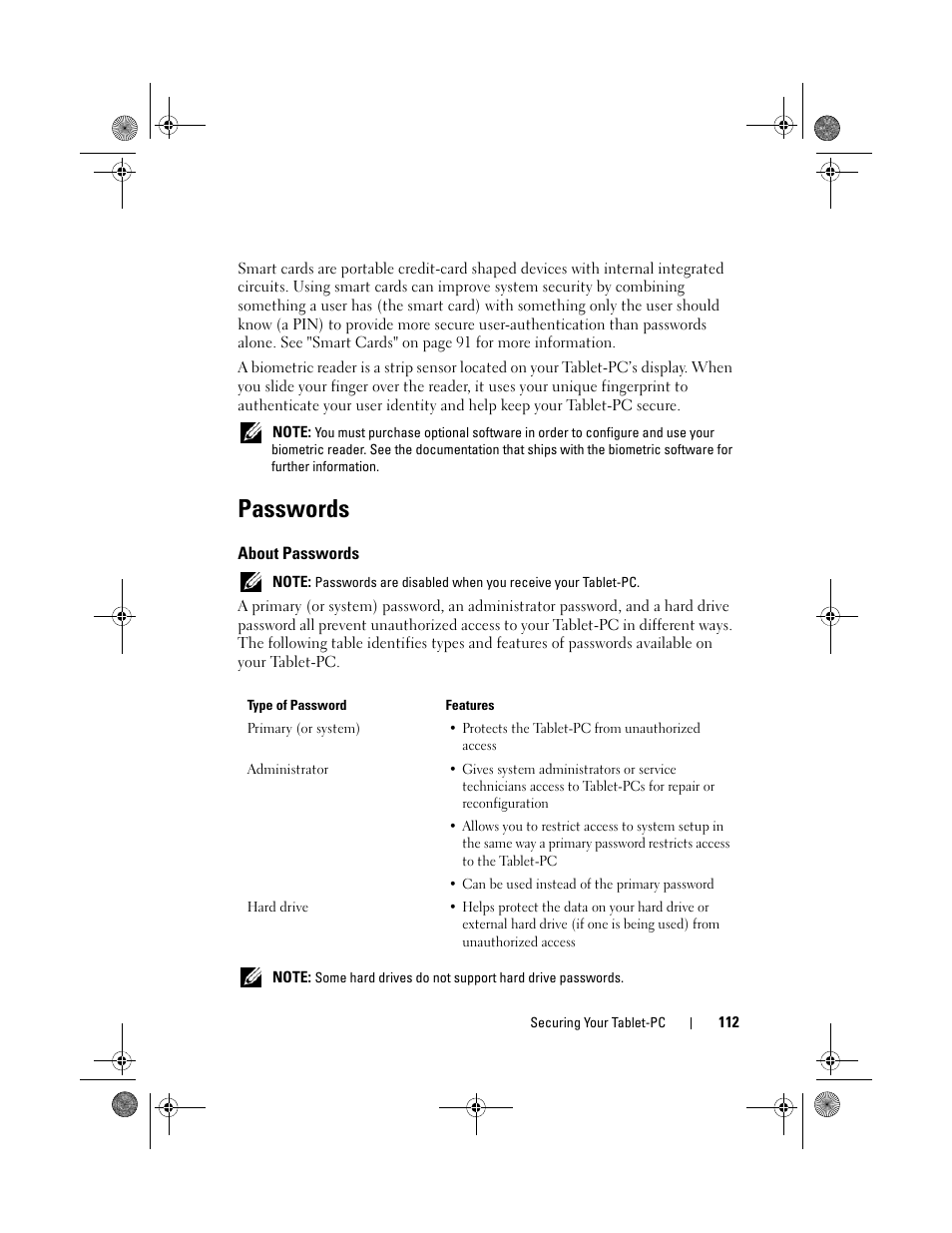 Passwords, About passwords | Dell Latitude XT (Late 2007) User Manual | Page 112 / 248