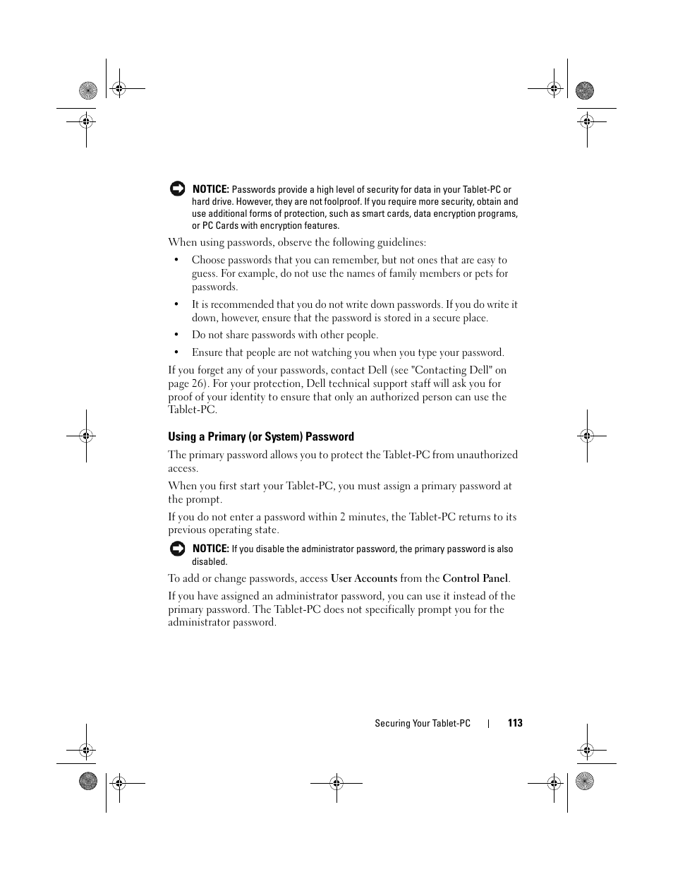 Using a primary (or system) password | Dell Latitude XT (Late 2007) User Manual | Page 113 / 248